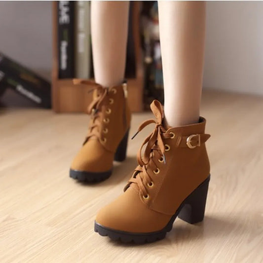 2022 New Spring Winter Women Pumps Boots High Quality Lace-Up European Ladies Shoes PU High Heels Boots Fast Delivery